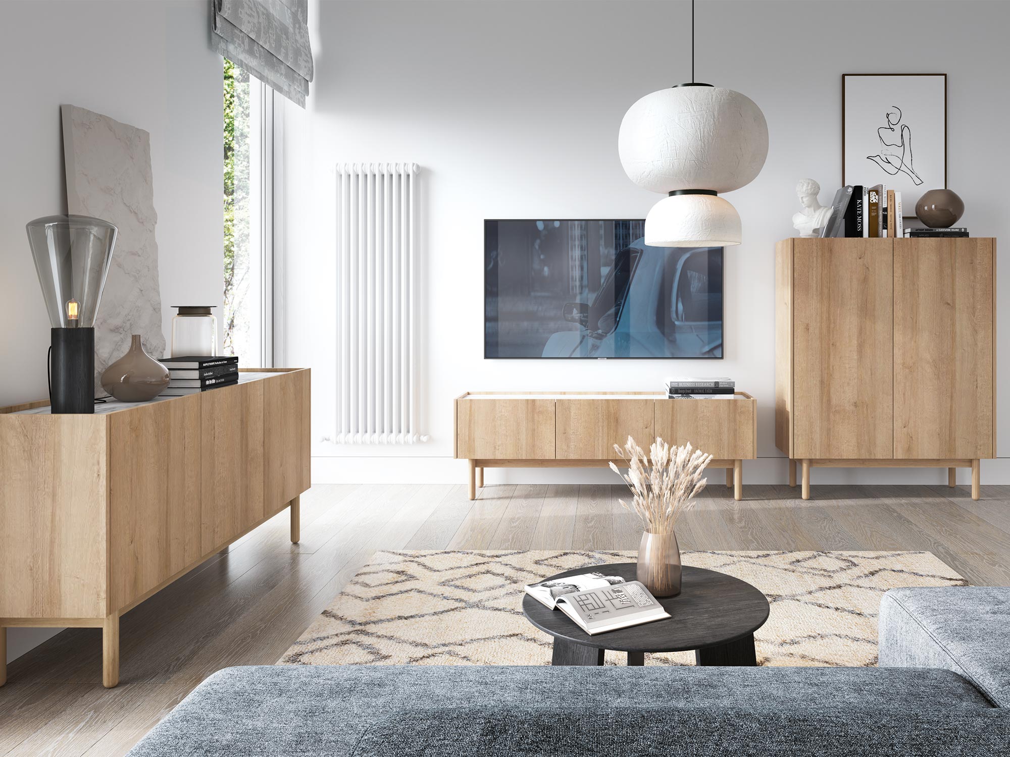 Salon skandynawski z jasną drewnianą komodą pod telewizorem Salon skandynawski z jasną drewnianą komodą pod telewizorem