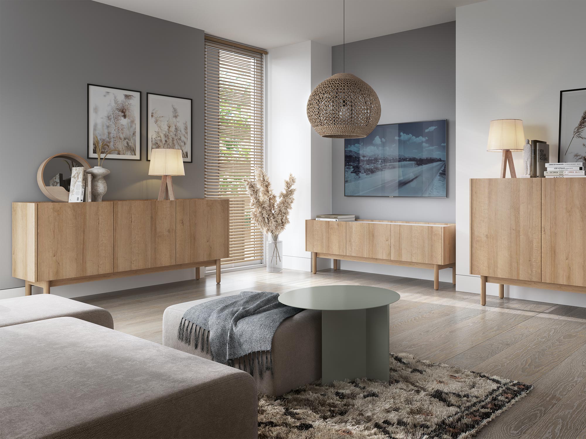 Aranżacja z dużą komodą dębową w nowoczesnym salonie Aranżacja z dużą komodą dębową w nowoczesnym salonie