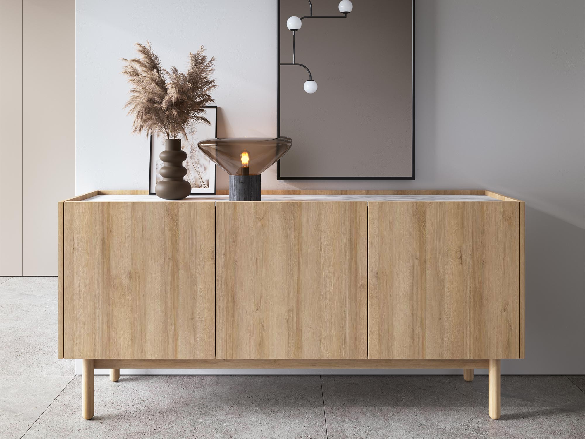 Komoda dębowa z dekoracjami w aranżacji nowoczesnego przedpokoju Komoda dębowa z dekoracjami w aranżacji nowoczesnego przedpokoju