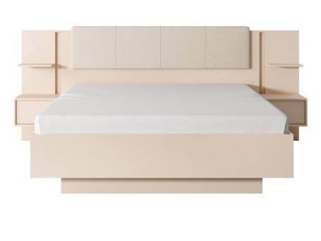 Łóżko z tapicerowanym wezgłowiem i drewnianym korpusem do nowoczesnej sypialni