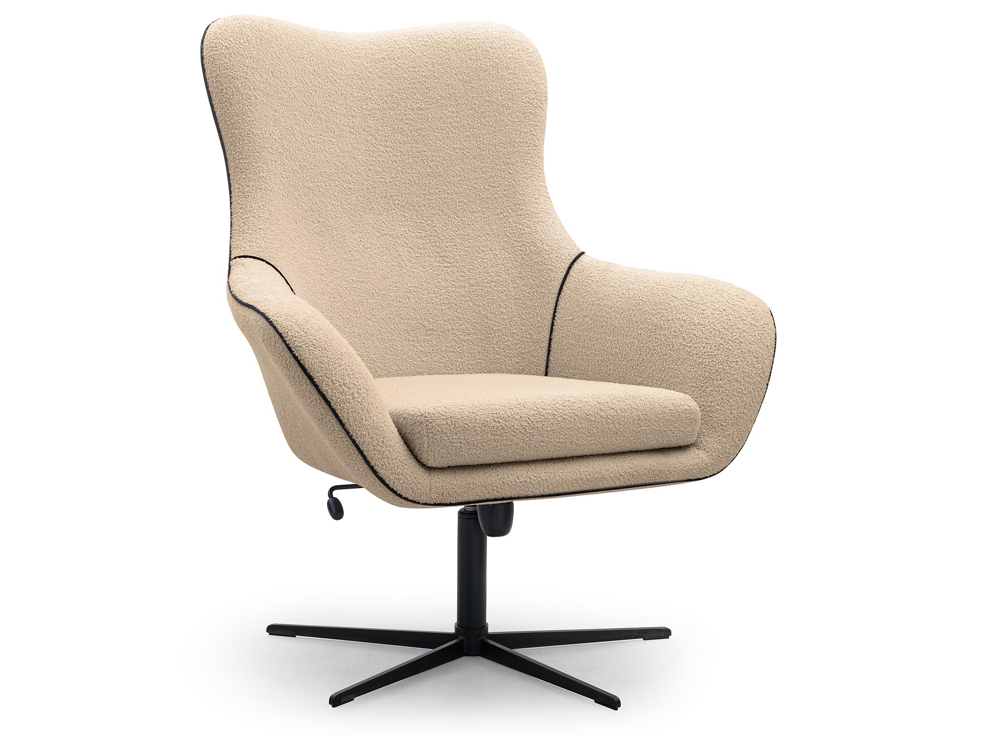 Beżowy fotel tapicerowany z miękkim siedziskiem na obrotowej podstawie Beżowy fotel tapicerowany z miękkim siedziskiem na obrotowej podstawie