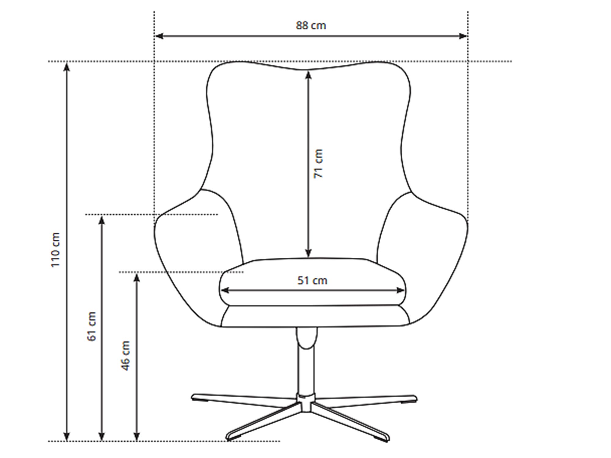 Techniczne wymiary fotela obrotowego z czarną podstawą Techniczne wymiary fotela obrotowego z czarną podstawą