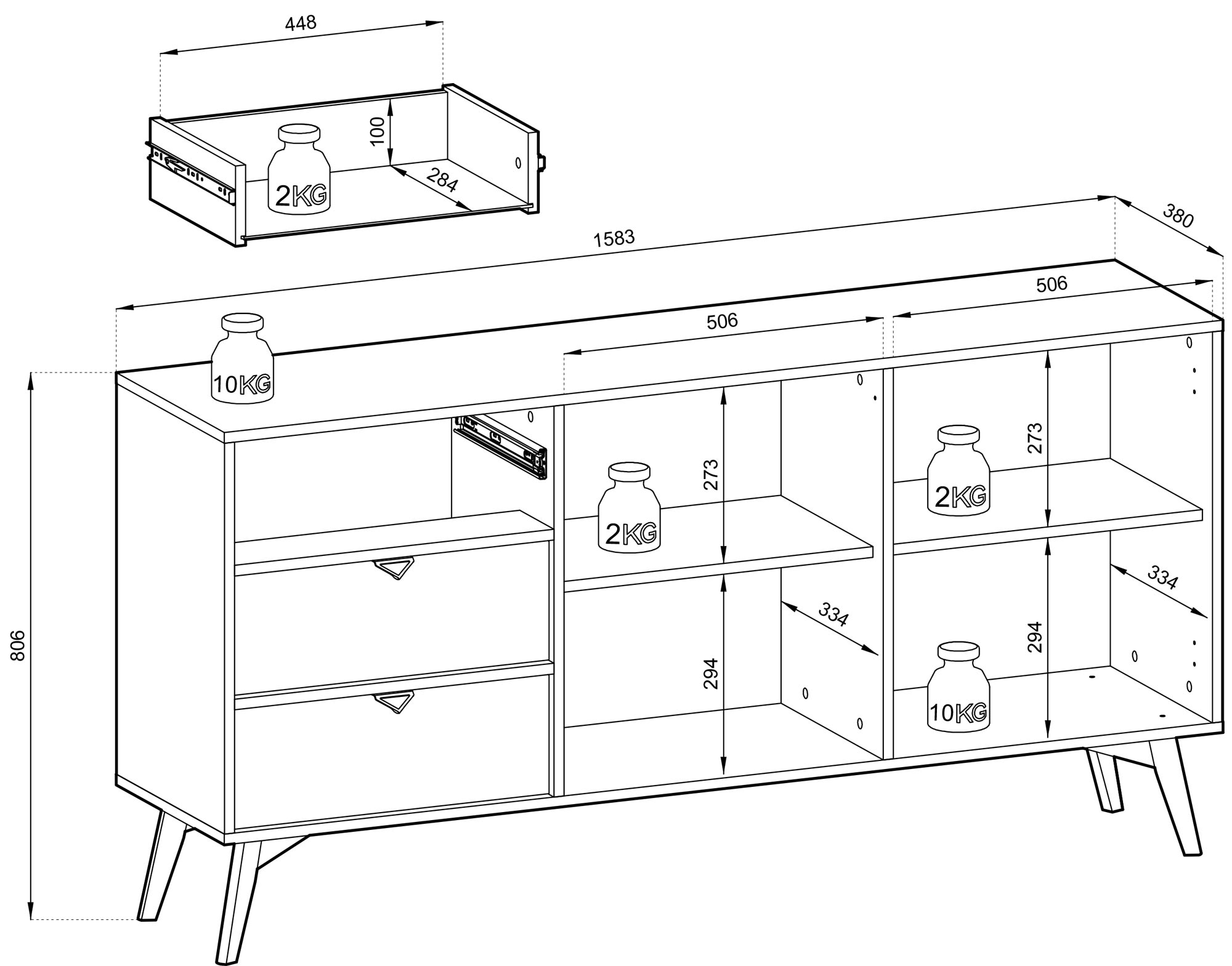Rysunek techniczny komody z rozrysowanymi półkami i szufladami
