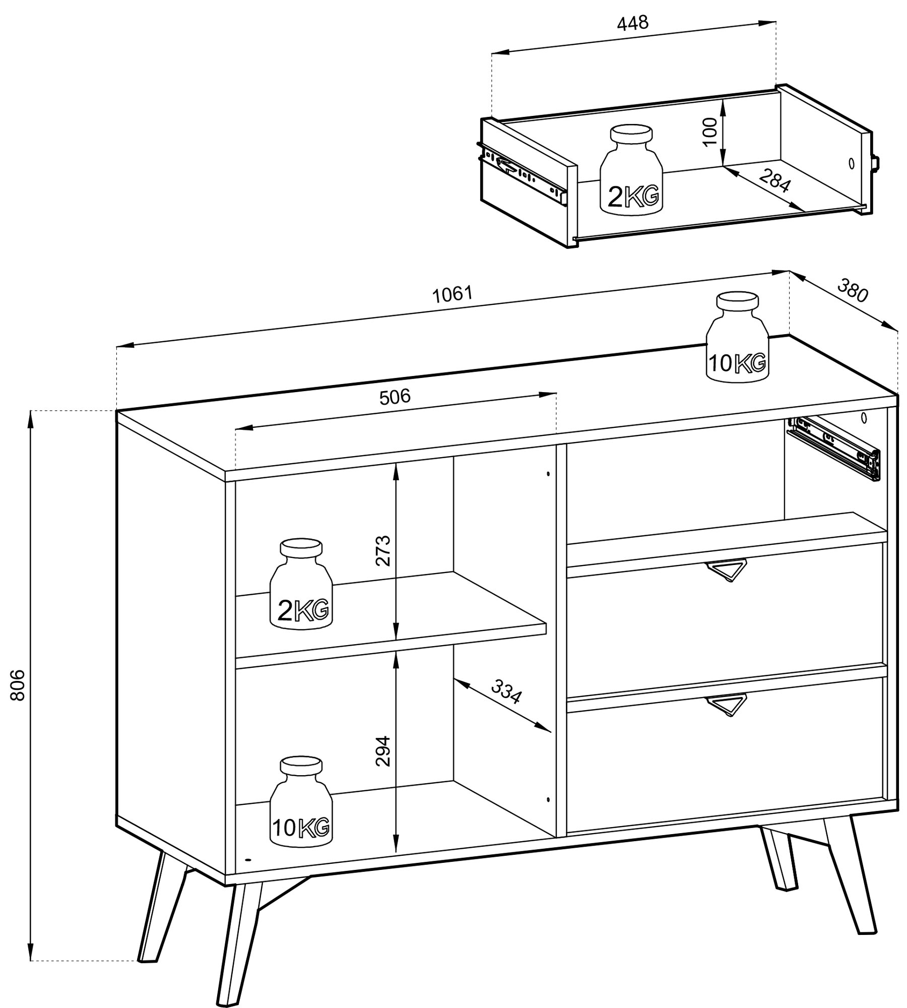 Rysunek techniczny komody z szufladami i mechanizmem otwierania