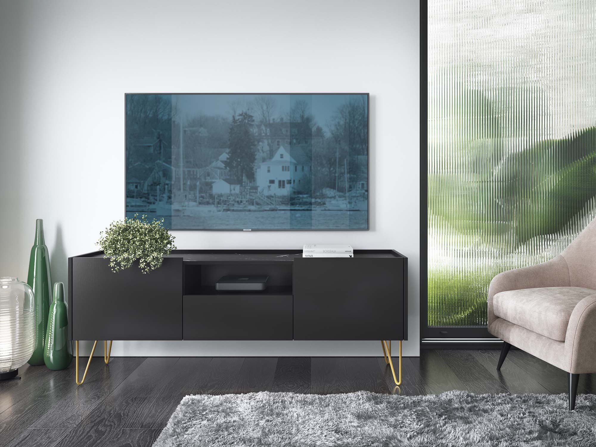 Czarna szafka RTV z zaokrąglonymi bokami i złotymi nogami Czarna szafka RTV z zaokrąglonymi bokami i złotymi nogami