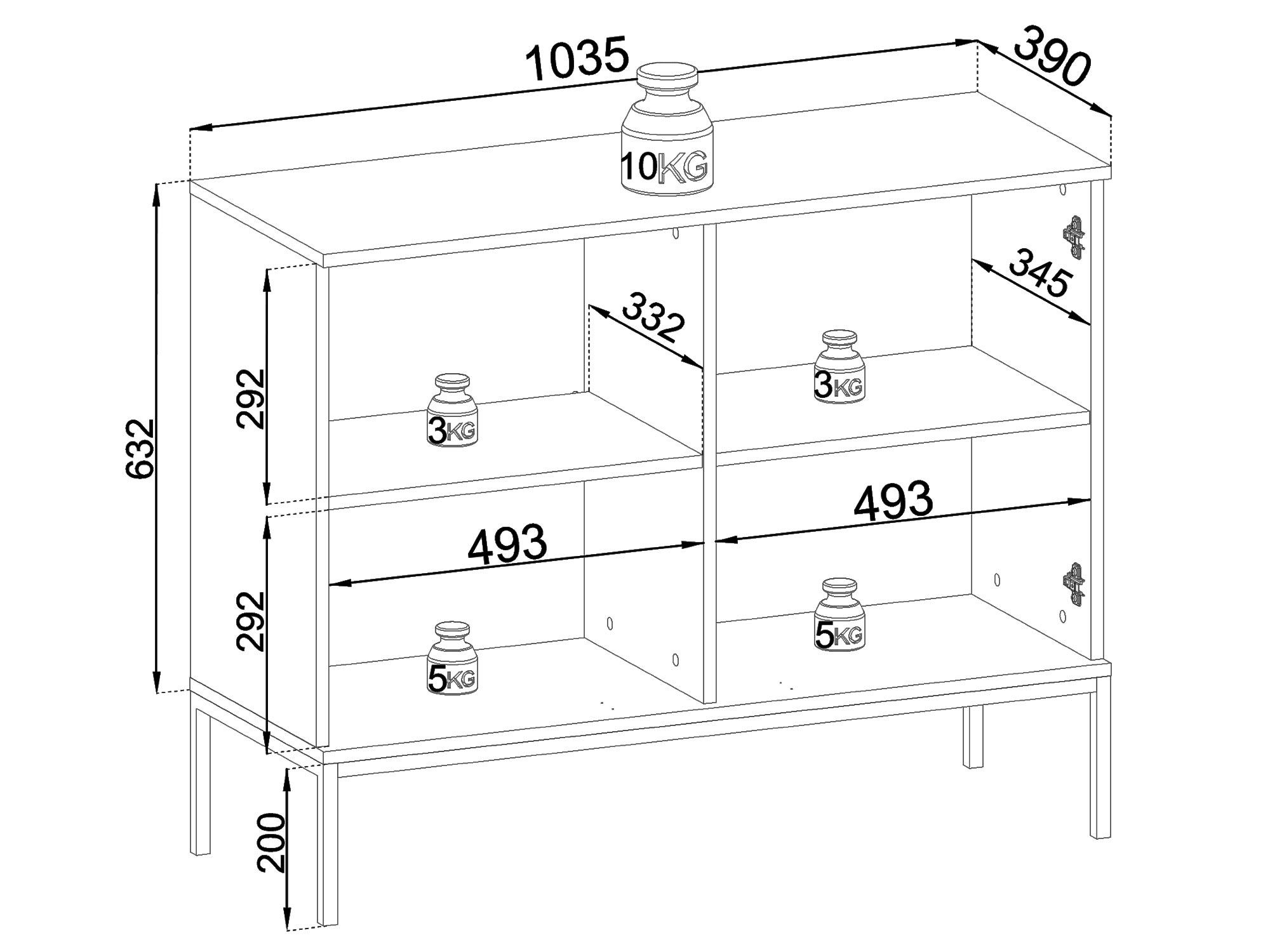 Rysunek techniczny komody z trzema rzędami półek i oznaczeniem wymiarów Rysunek techniczny komody z trzema rzędami półek i oznaczeniem wymiarów