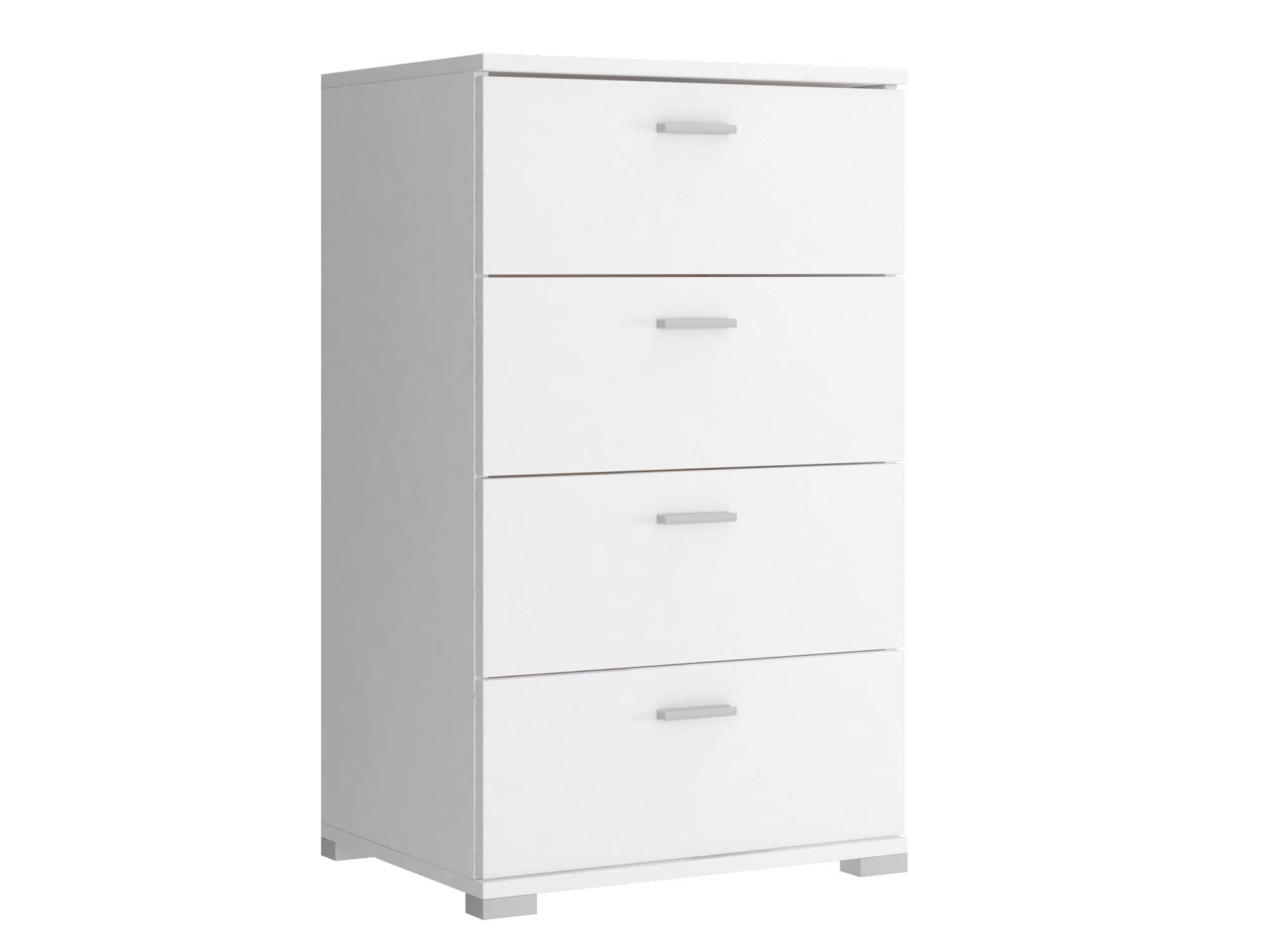 Nowoczesna biała komoda z czterema szufladami, styl minimalistyczny Nowoczesna biała komoda z czterema szufladami, styl minimalistyczny