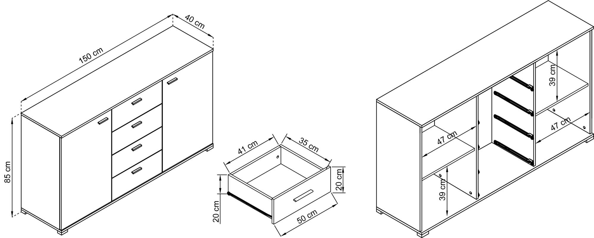Rysunek techniczny komody z szufladami i otwartymi półkami Rysunek techniczny komody z szufladami i otwartymi półkami