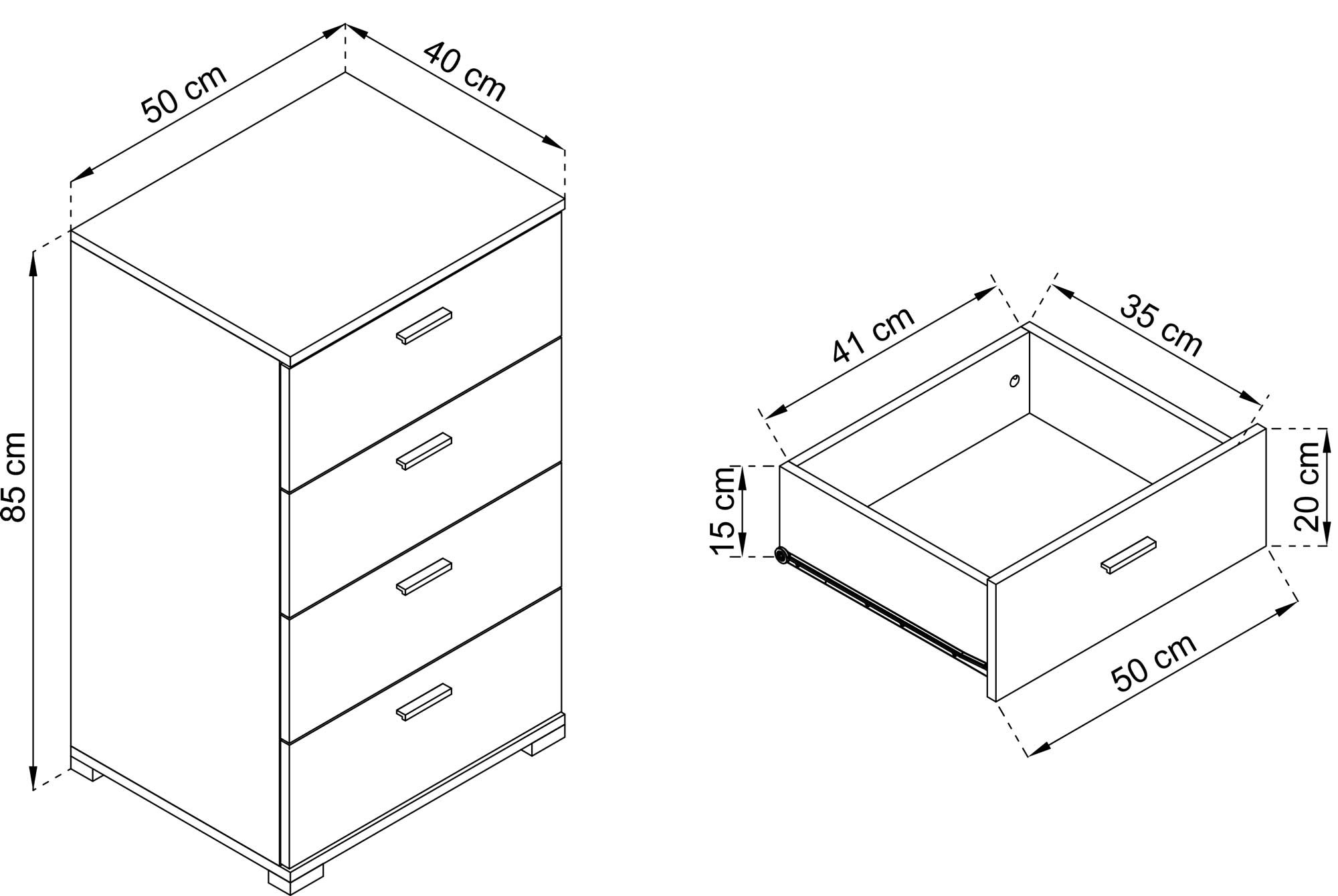 Rysunek techniczny komody z czteroma szufladami i prostym designem Rysunek techniczny komody z czteroma szufladami i prostym designem