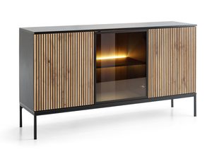 Miniaturka 1 - Duża komoda RTV z frontami z litego dębu i czarną podstawą w stylu loft
