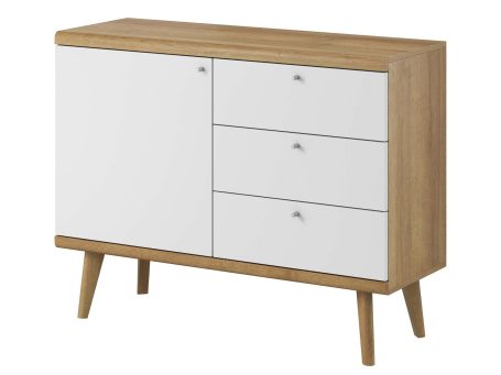 Biała komoda z drewnianym blatem i trzema szufladami, styl skandynawski