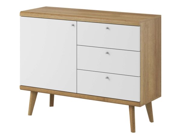 Bílá komoda s dřevěným deskou a třemi zásuvkami, skandinávský styl
