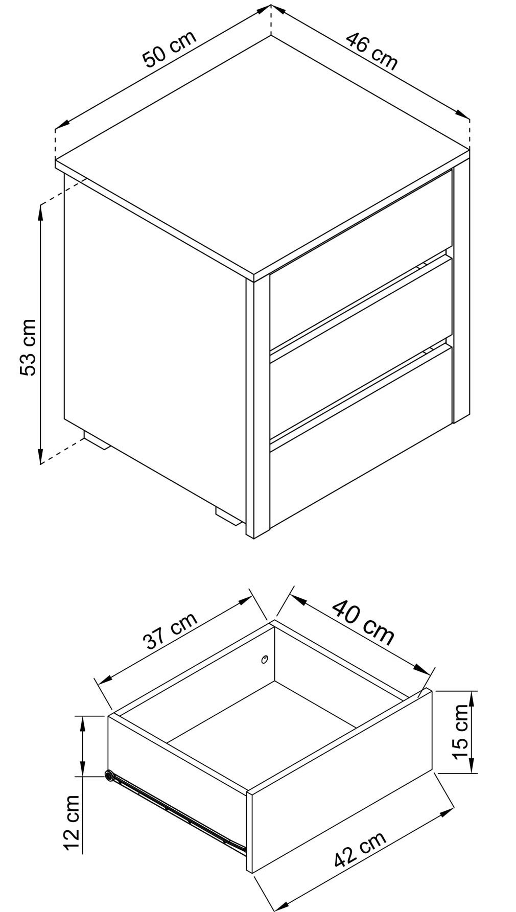 Rysunek techniczny nowoczesnej komody z trzema szufladami