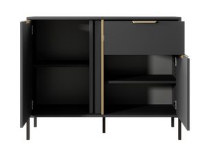 Miniaturka 2 - Czarna komoda z otwartymi półkami i złotymi uchwytami, nowoczesny design