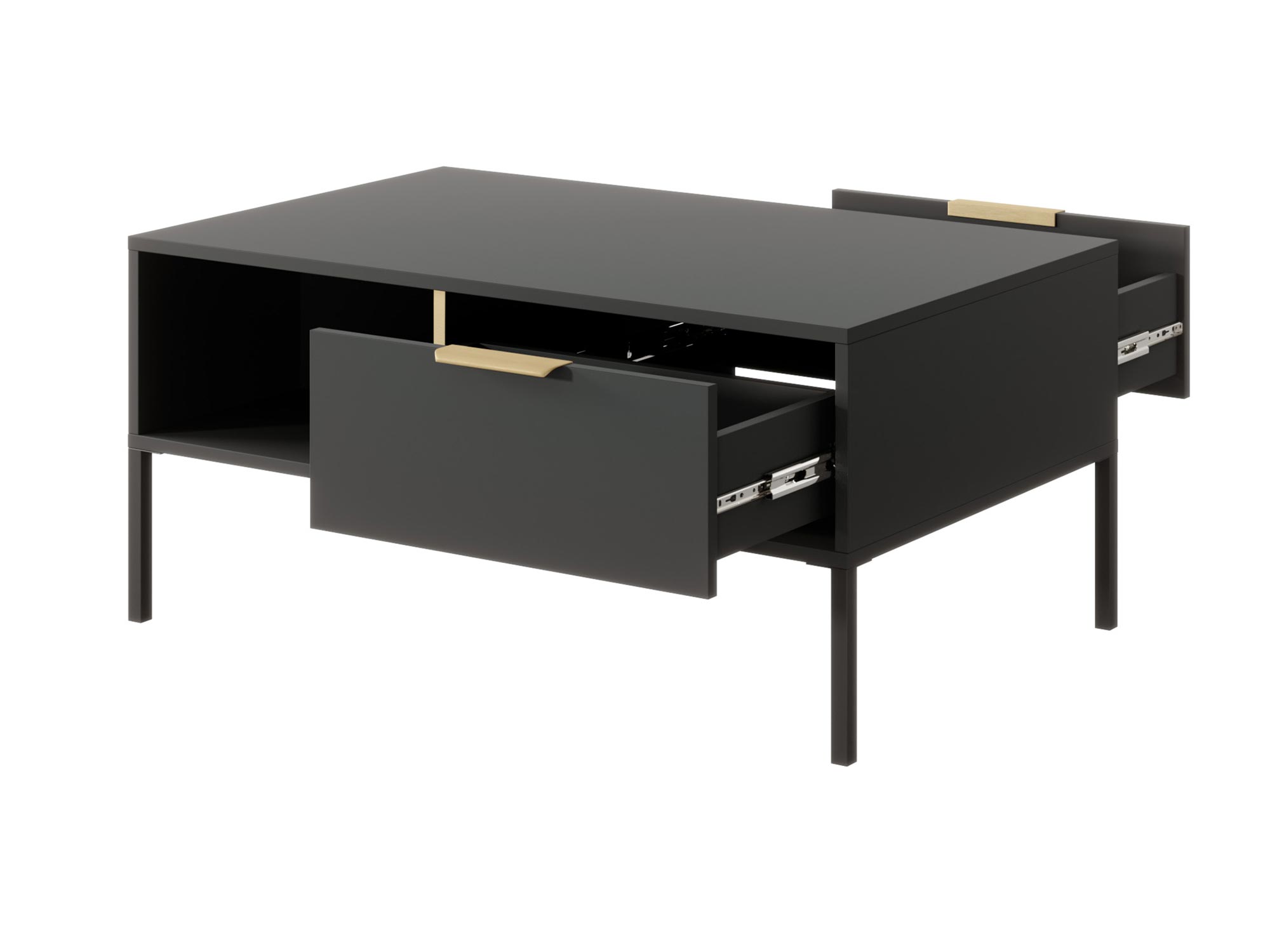 Nowoczesny stolik kawowy z czarnym blatem i złotymi uchwytami z otwartą półką Nowoczesny stolik kawowy z czarnym blatem i złotymi uchwytami z otwartą półką