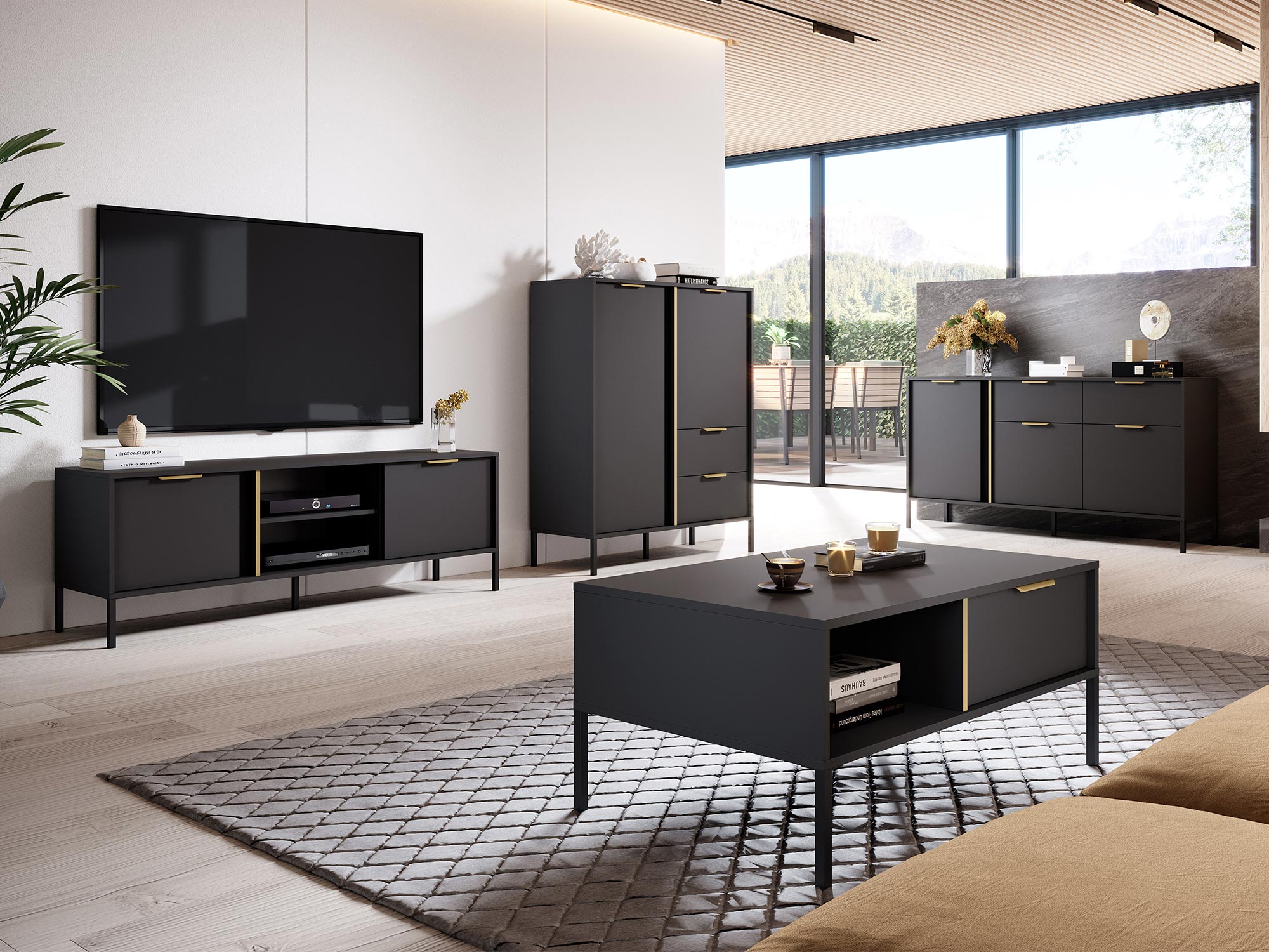 Nowoczesna aranżacja salonu z czarnymi meblami i drewnianymi akcentami Nowoczesna aranżacja salonu z czarnymi meblami i drewnianymi akcentami