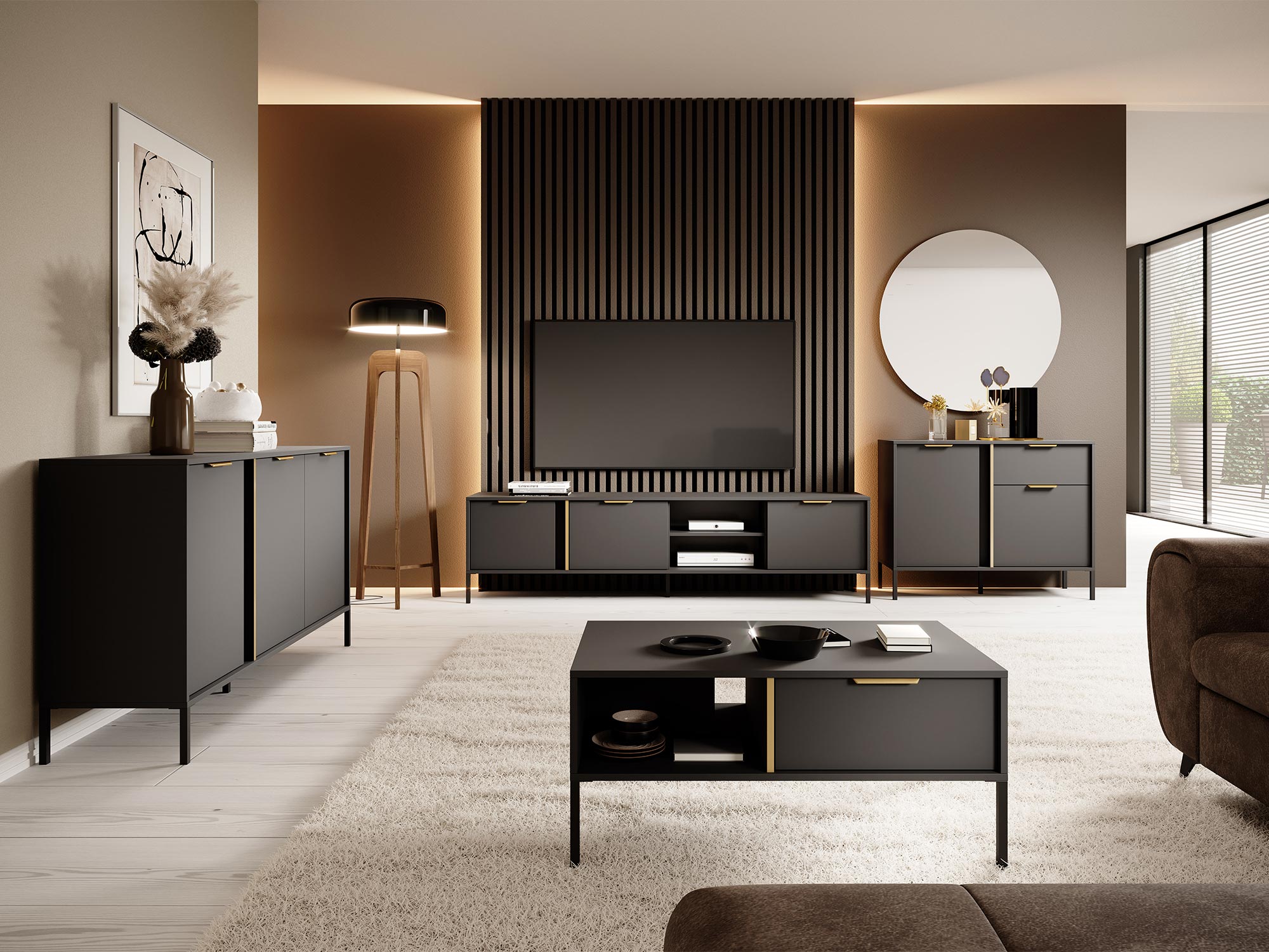 Aranżacja salonu z ciemnymi meblami Aranżacja salonu z ciemnymi meblami