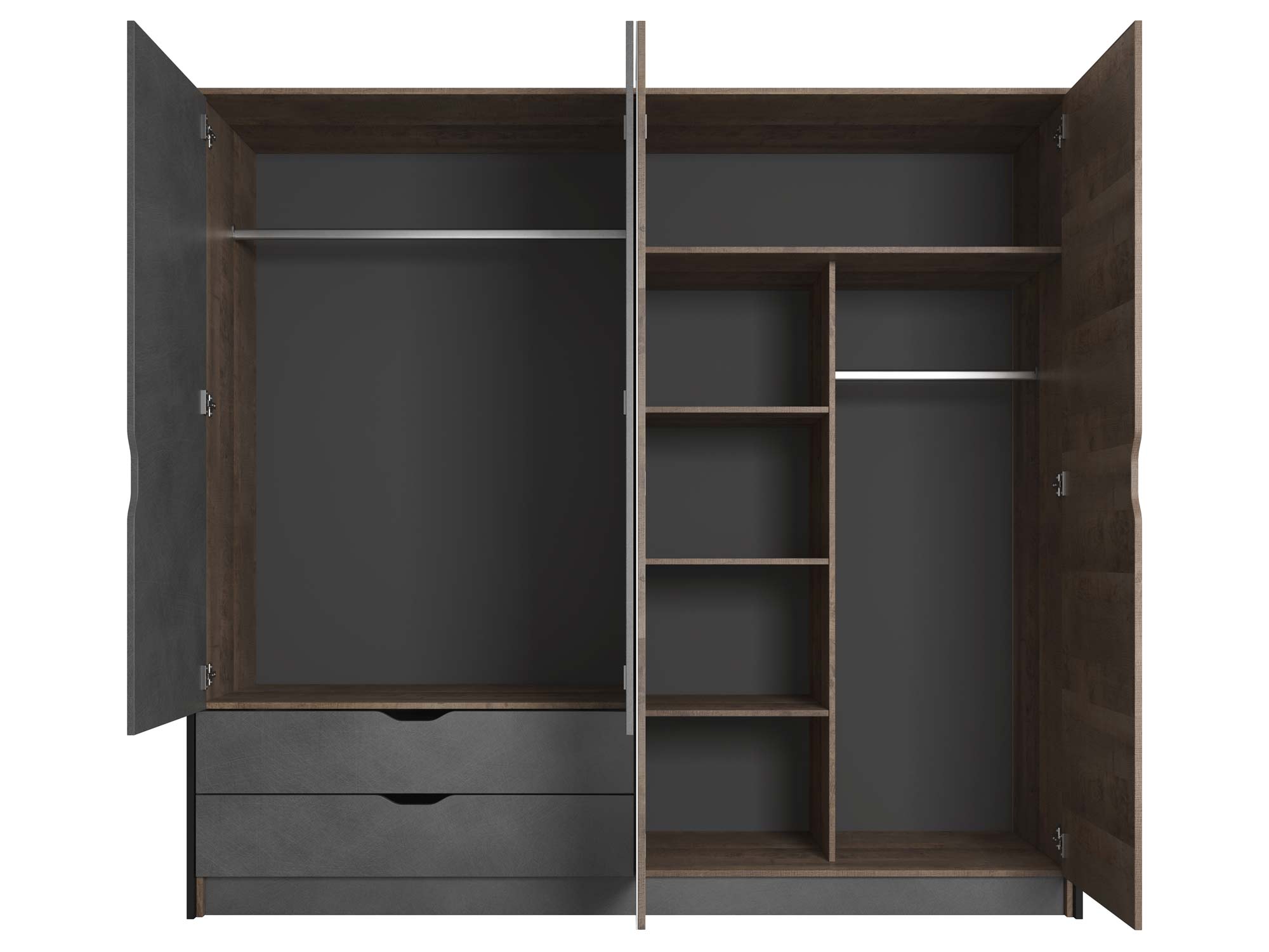 Wnętrze szafy z otwartymi półkami i drążkiem na ubrania, nowoczesny design Wnętrze szafy z otwartymi półkami i drążkiem na ubrania, nowoczesny design