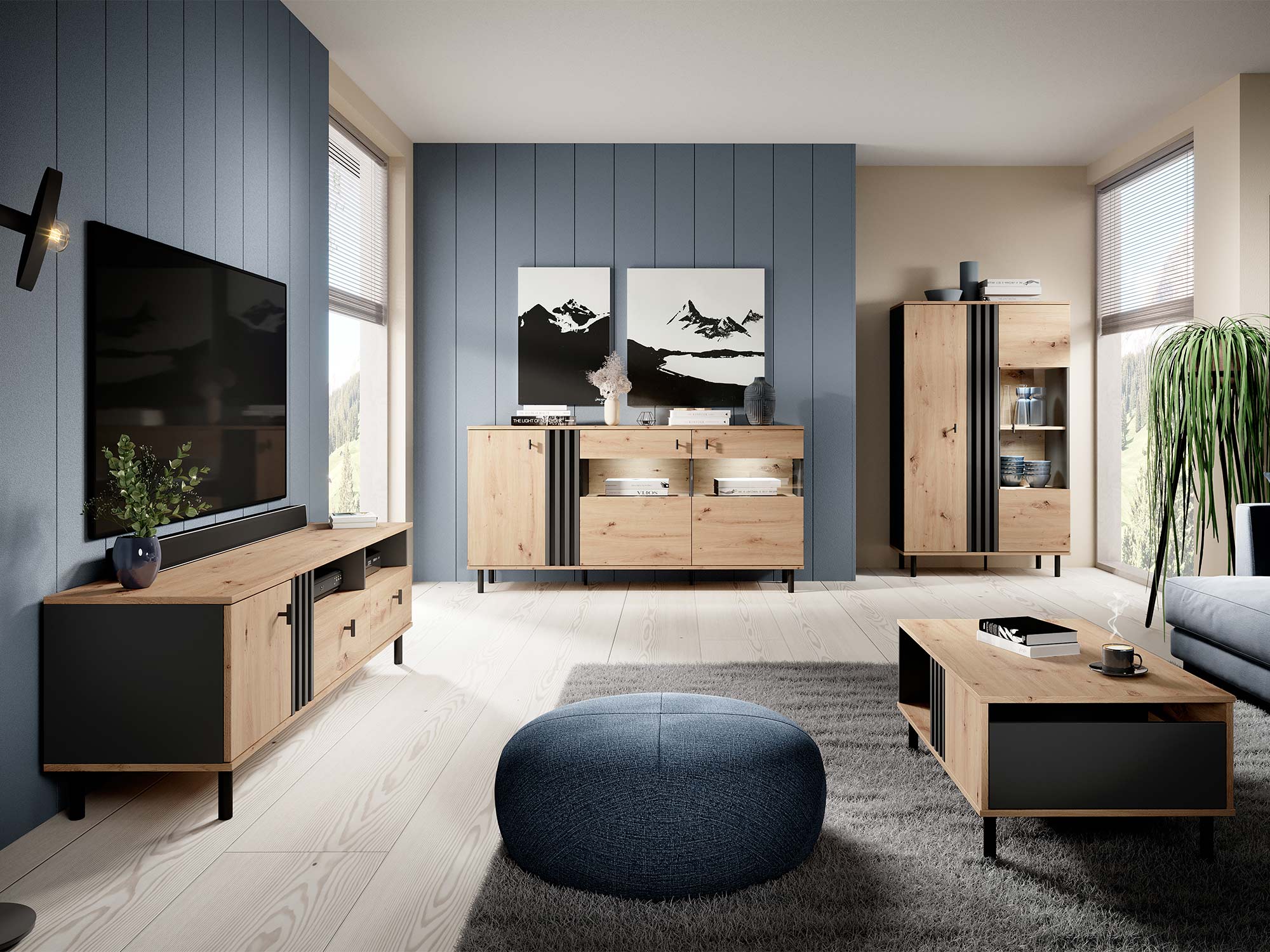 Aranżacja salonu z drewnianymi meblami i pionowymi listwami, Aranżacja salonu z drewnianymi meblami i pionowymi listwami,