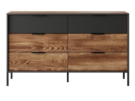 Drewniana komoda z czarnymi frontami i metalowymi nogami, styl industrialny