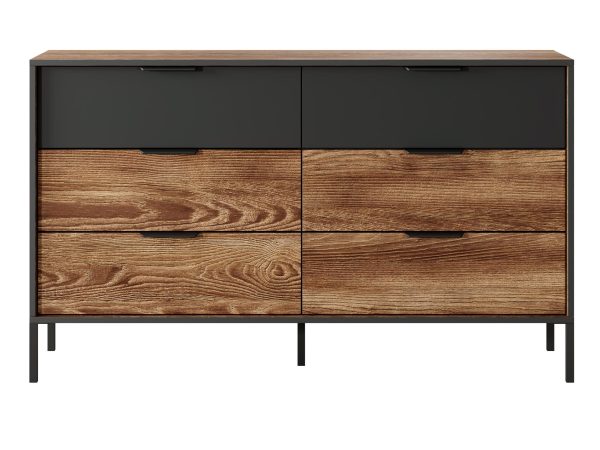 Dřevěná komoda s černými čely a kovovými nohami, industriální styl
