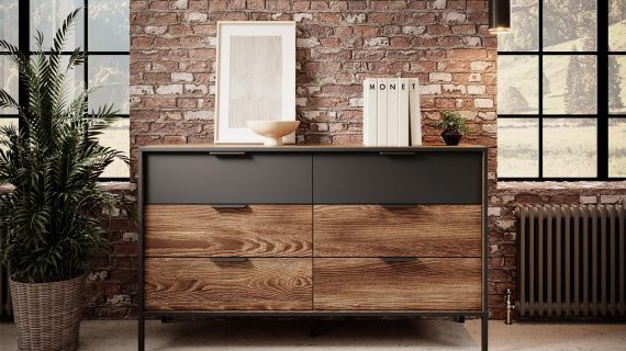 Miniaturka 12 - Industrialna komoda z drewnianym korpusem i czarnymi metalowymi detalami do stylowego wnętrza