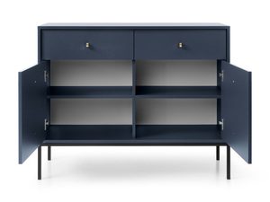 Miniaturka 15 - Granatowa komoda z otwartymi drzwiczkami i półkami w stylu nowoczesnym