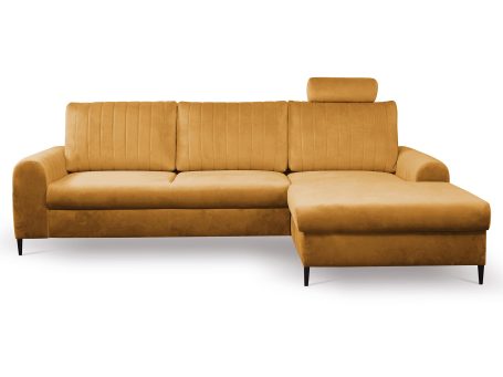 Musztardowy narożnik welurowy z funkcją spania i pojemnikiem na pościel