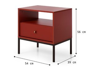 Miniaturka 15 - Czerwona szafka nocna z jedną szufladą i czarną podstawą z wymiarami