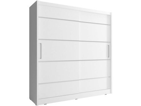 Biała szafa z przesuwnymi drzwiami i prostym designem