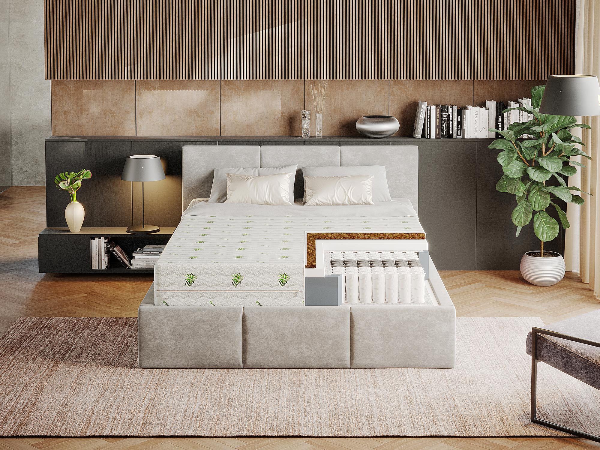 Nowoczesne łóżko kontynentalne z materacem kieszeniowym w jasnej sypialni Nowoczesne łóżko kontynentalne z materacem kieszeniowym w jasnej sypialni