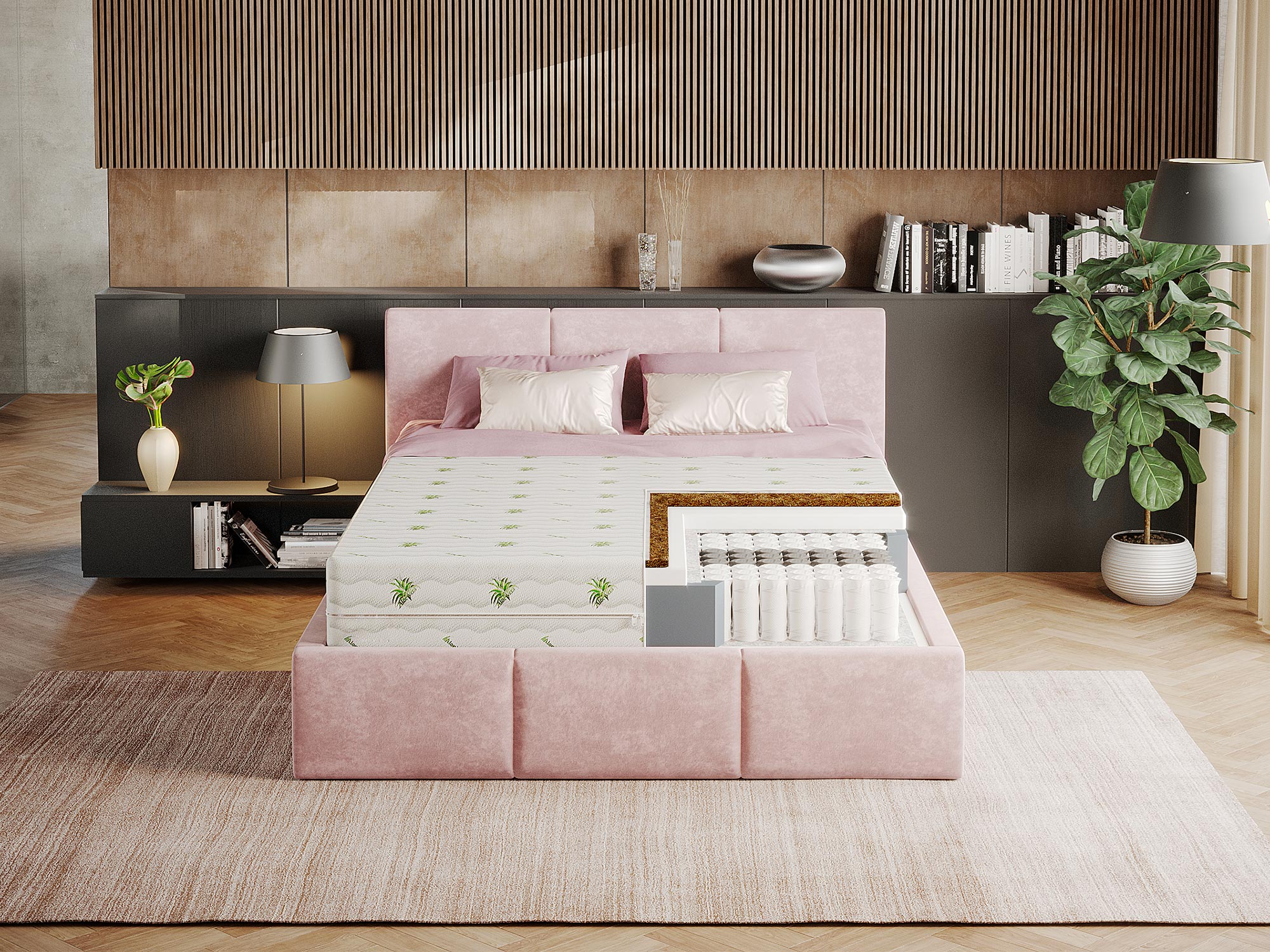 Łóżko tapicerowane w sypialni z różowym zagłówkiem i materacem Łóżko tapicerowane w sypialni z różowym zagłówkiem i materacem