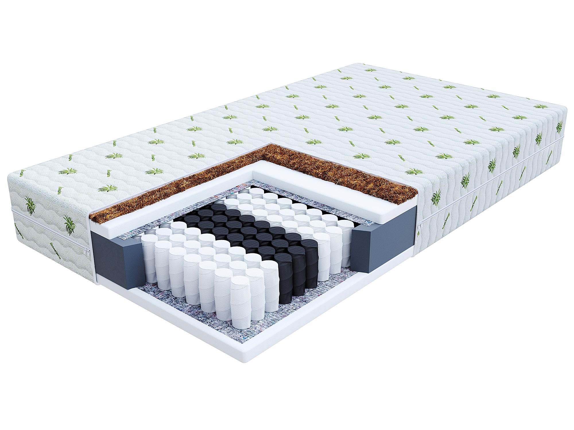 Przekrój materaca z kokosem, pianką i sprężynami kieszeniowymi Przekrój materaca z kokosem, pianką i sprężynami kieszeniowymi