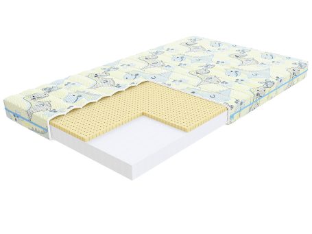 Przekrój materaca dziecięcego z pianką i pokrowcem w niebieskie wzory