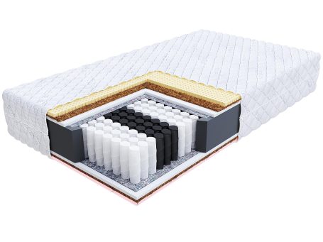 Przekrój materaca z pianką i sprężynami kieszeniowymi, struktura warstwowa