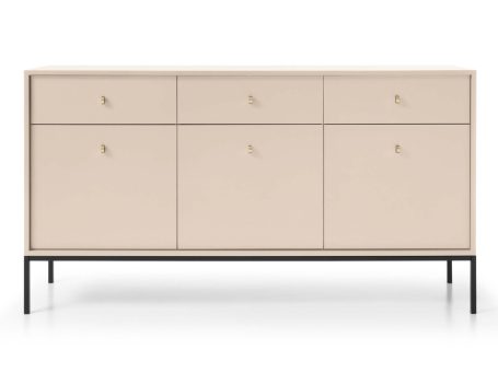 Komoda beżowa z cienką ramą i złotym detalem