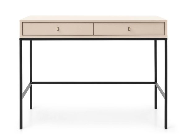 Minimalistická toaletní stolek s béžovým deskou a černou konstrukcí