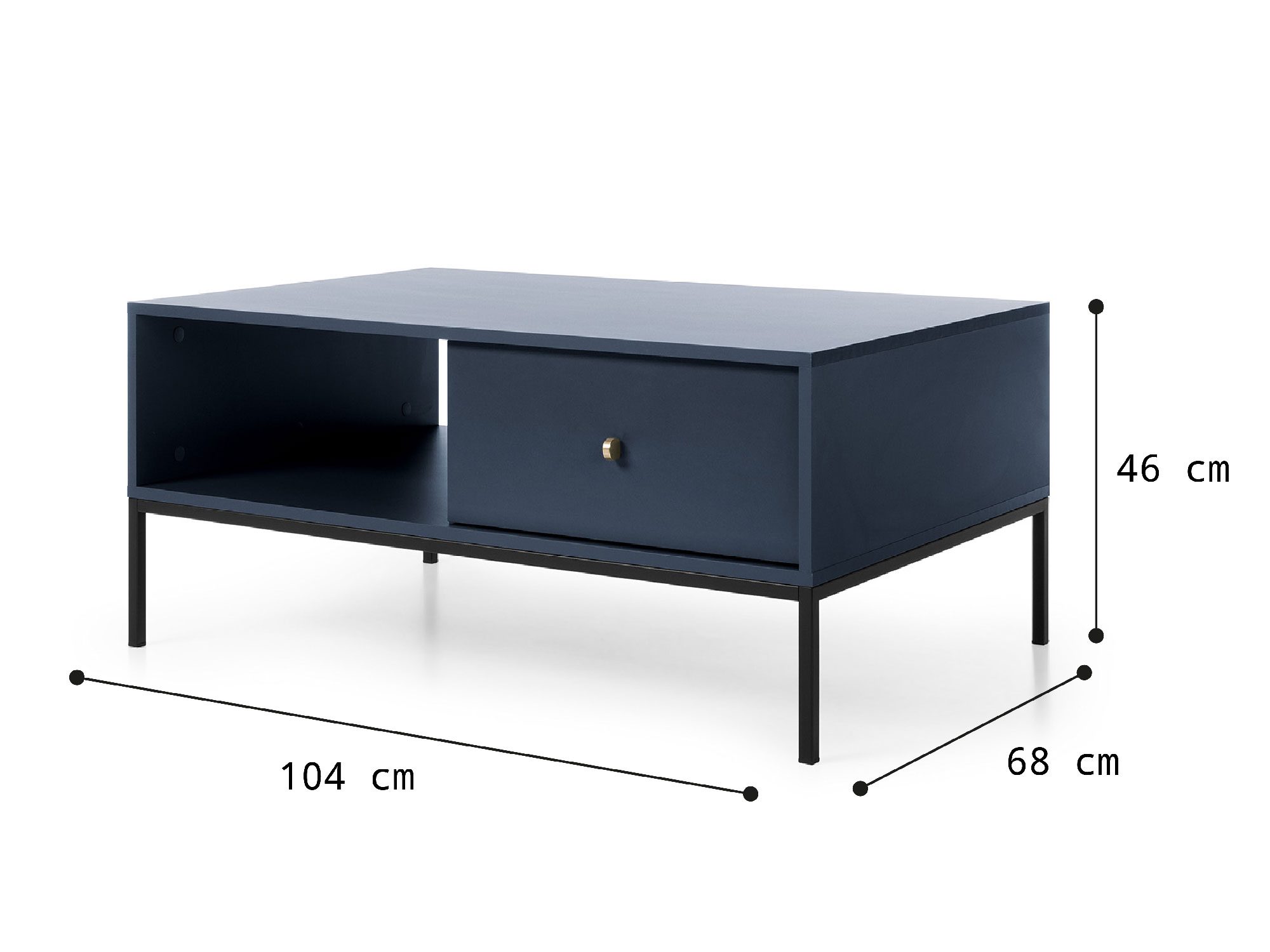 Granatowa szafka nocna z otwartą półką i metalowymi nogami-wymiary techniczne Granatowa szafka nocna z otwartą półką i metalowymi nogami-wymiary techniczne