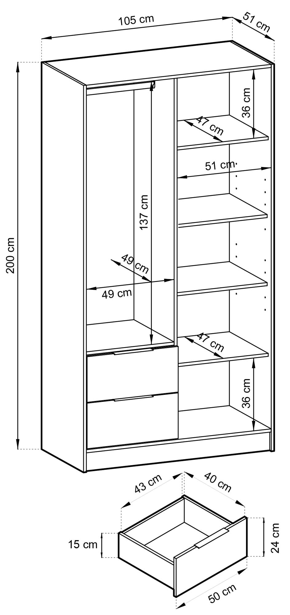 Rysunek techniczny przedstawiający wymiary szafy szczegółowe