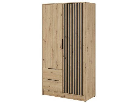 Drewniana szafa z pionowymi panelami czarnymi i szufladami, styl loftowy