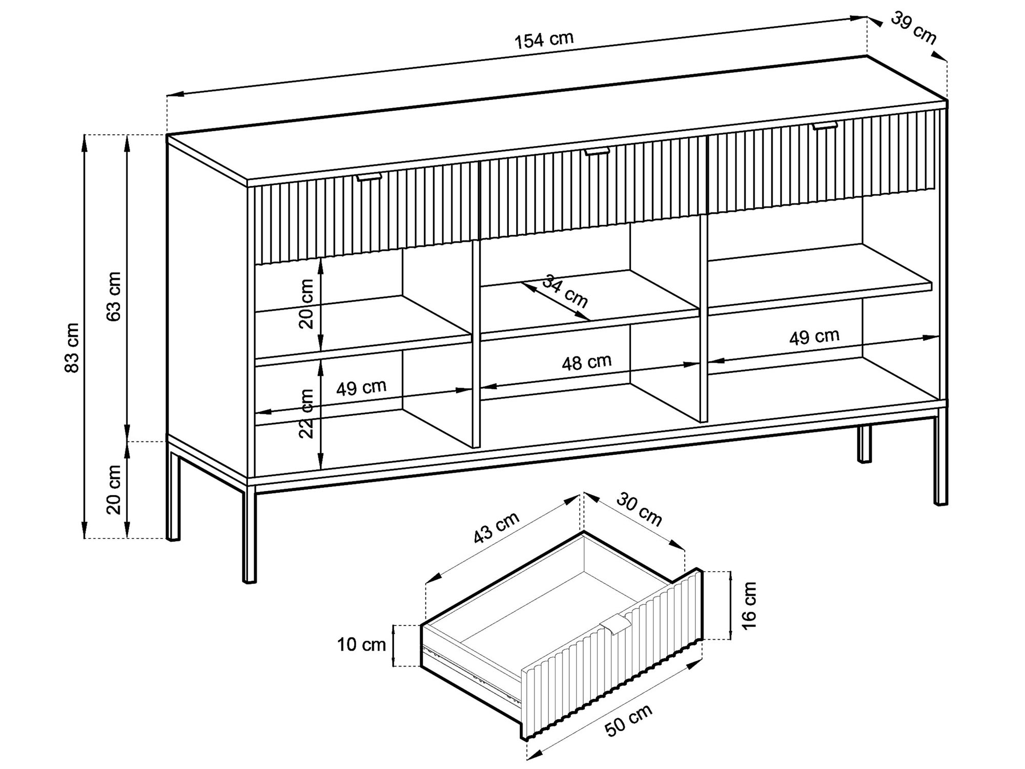 Rysunek techniczny szafki z wymiarami frontów i szuflad Rysunek techniczny szafki z wymiarami frontów i szuflad