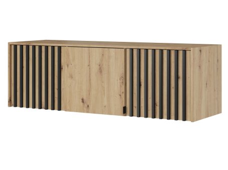 Nowoczesna szafka RTV z drewnianymi frontami i czarnymi elementami