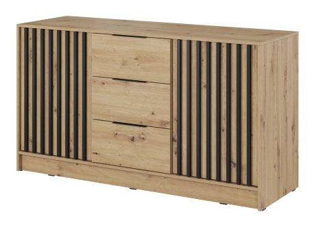 Nowoczesna komoda z drewnianymi panelami i czarnymi frontami, styl loftowy