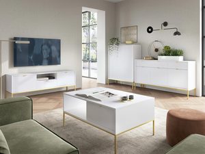 Miniaturka 14 - Stylowy salon z białymi meblami z pionowym ryflowaniem i złotą podstawą