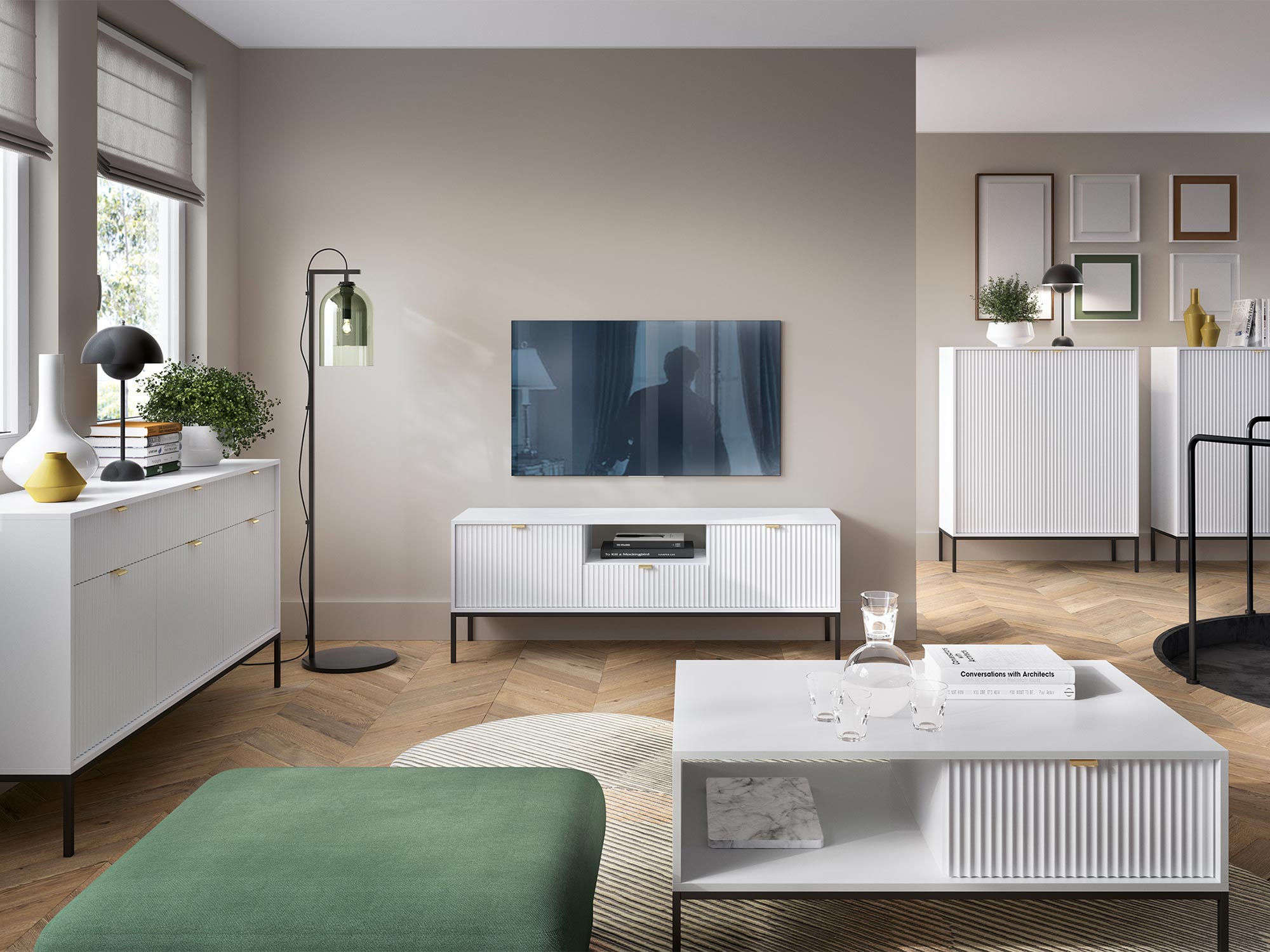 Jasny salon z białą szafką RTV w stylu nowoczesnym i złotymi dodatkami Jasny salon z białą szafką RTV w stylu nowoczesnym i złotymi dodatkami