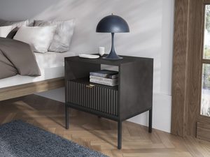 Miniatura 3 - Tmavá skříňka nocna z ryflowanym čelem a otevřenou policí ve stylu loft