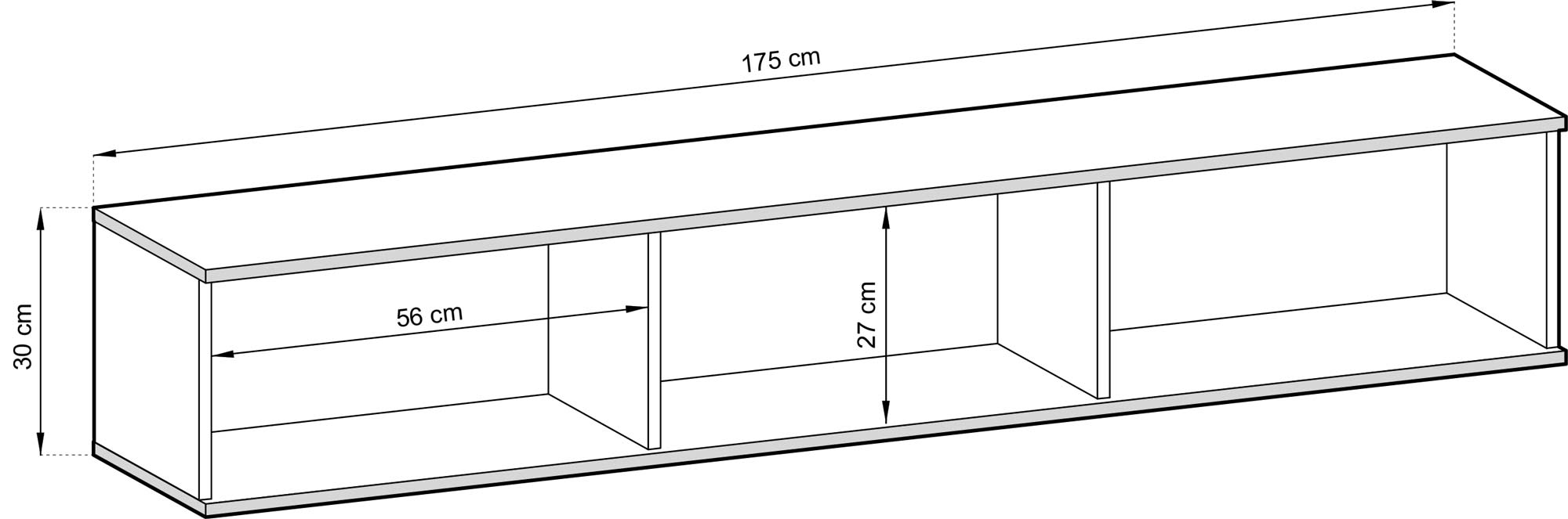 Rysunek techniczny szerokości szafki RTV z wymiarami przestrzeni Rysunek techniczny szerokości szafki RTV z wymiarami przestrzeni