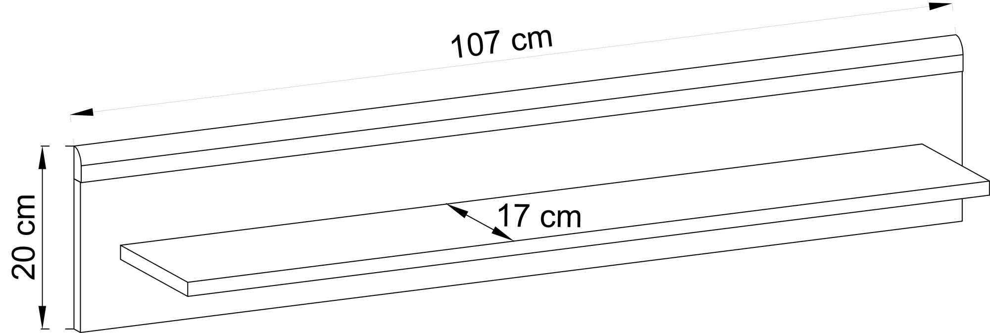 Rysunek techniczny półki ściennej z wymiarami, styl nowoczesny