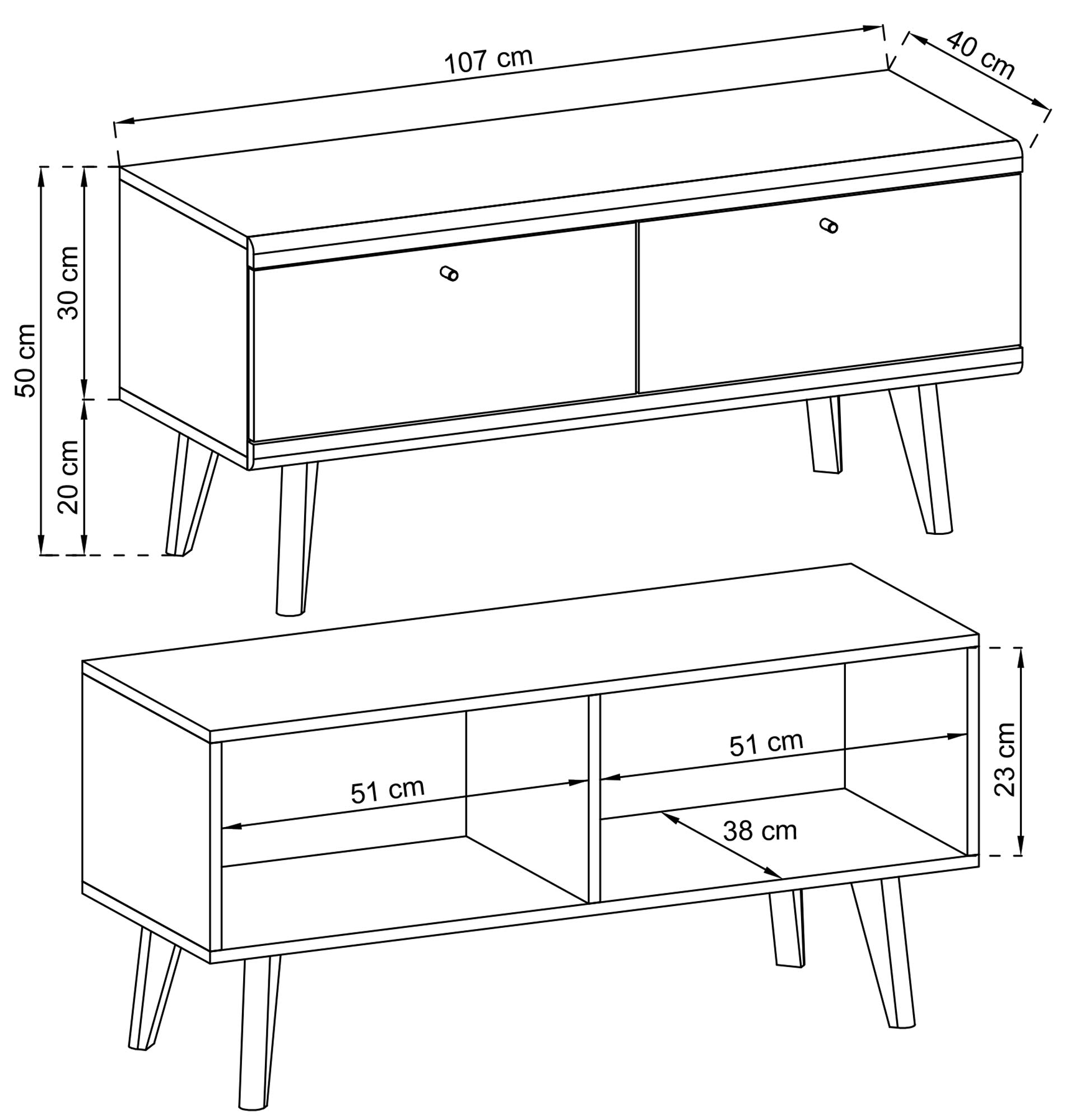 Rysunek techniczny nowoczesnej szafki RTV z szufladami i nóżkami