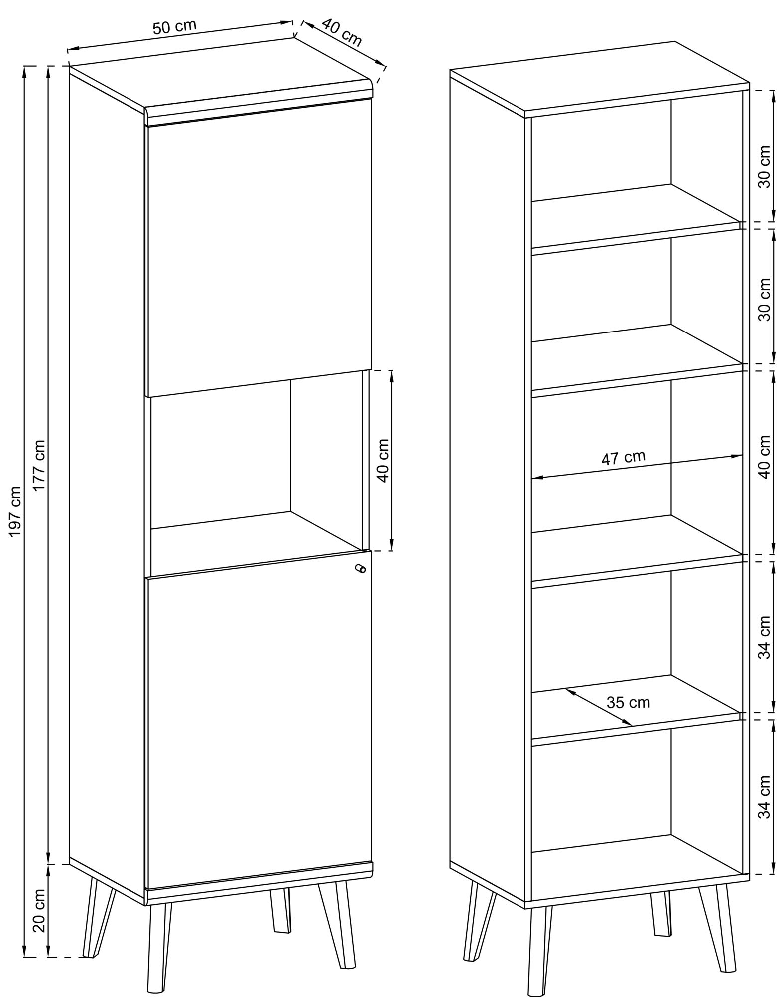 Rysunek ze szczegółowymi wymiarami witryny z półkami